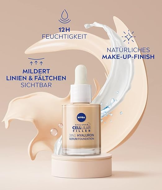 NIVEA 3-in-1 Hyaluronic Serum Foundation Medium (30 ml), Anti-Age Makeup for Younger Looking Skin, Moisturising and Gives a Naturally Even Complexion