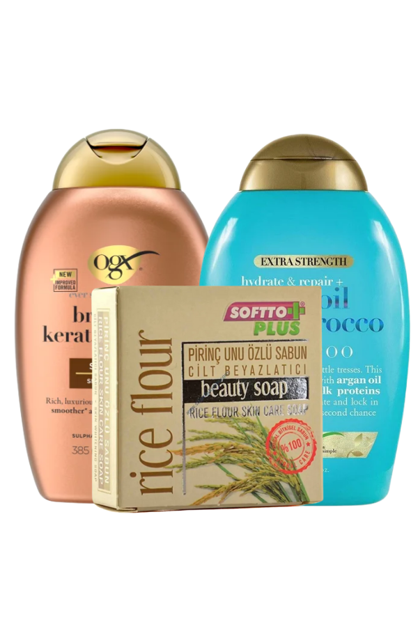 New Ogx Brazilian Keratin tester shampoo for freezy hair 80ml + ,Softto Plus rice flour beauty soap 100gr+New Ogx argan oil of Morocco tester shampoo  for damaged hair 80ml