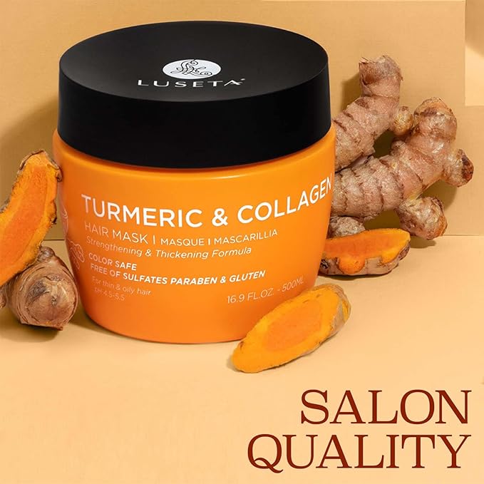 Luseta Turmeric & Collagen Hair Mask 500 ml Thickening Hair Treatment for Thin and Oily Hair, Nourish Scalp, Frizz Control & Add Shine, Sulfate Free