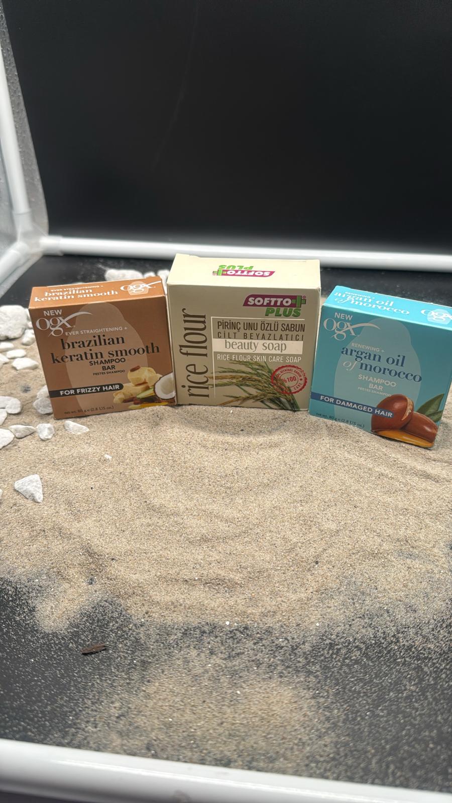 New Ogx Brazilian Keratin tester shampoo for freezy hair 80ml + ,Softto Plus rice flour beauty soap 100gr+New Ogx argan oil of Morocco tester shampoo  for damaged hair 80ml