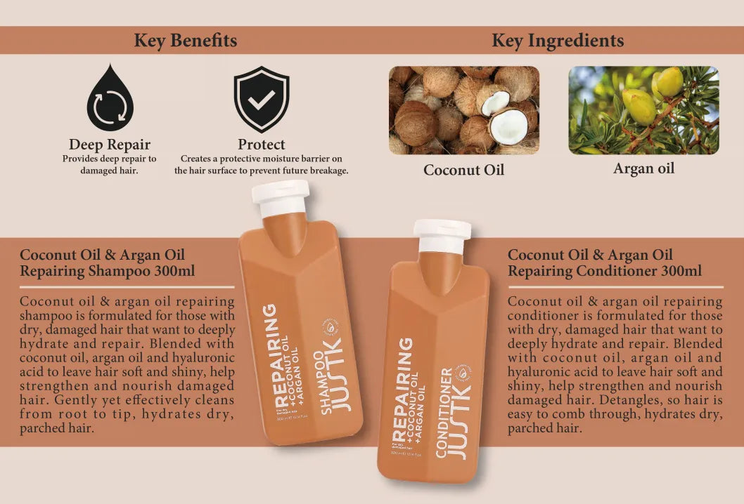 JustK Repairing Shampoo – Coconut & Argan Oil 300 ml