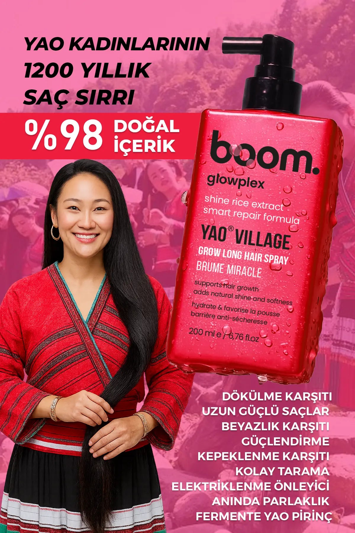 boom. glowplex YAO VILLAGE Shine Rice Extract Grow Long Hair Spraz with Smart Repair Formula 200 ml