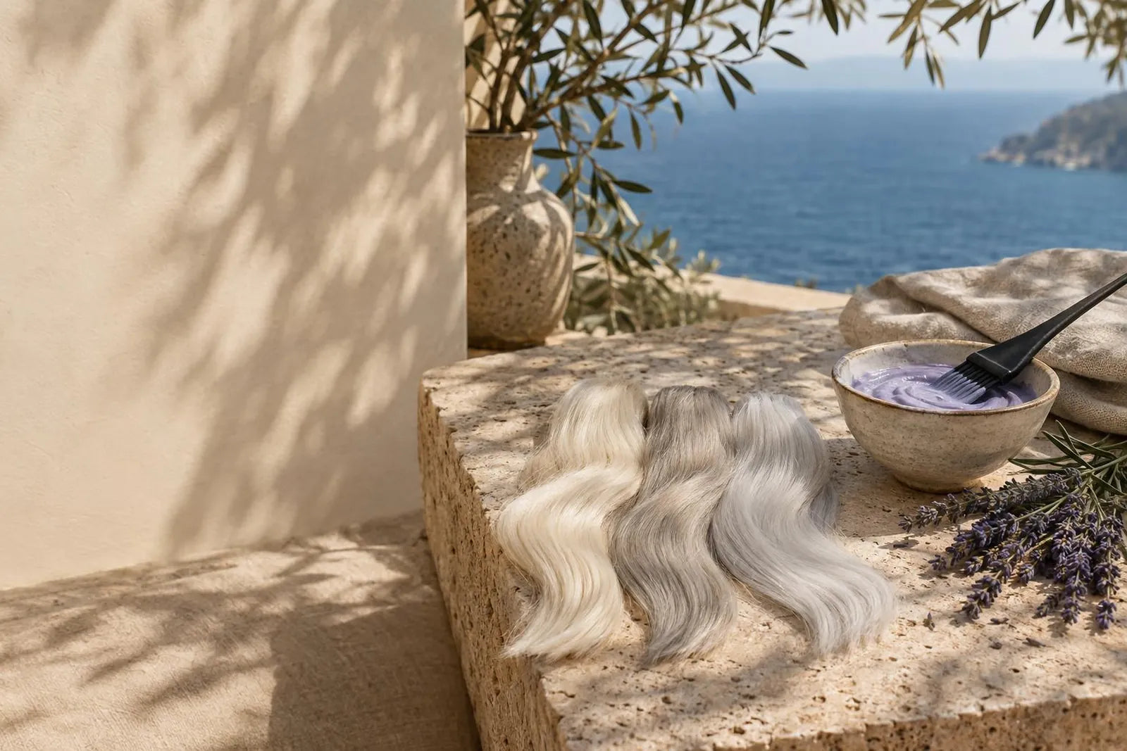 Silky hair swatches in platinum blonde, ash silver and white-grey beside a bowl of lilac toning cream and lavender
