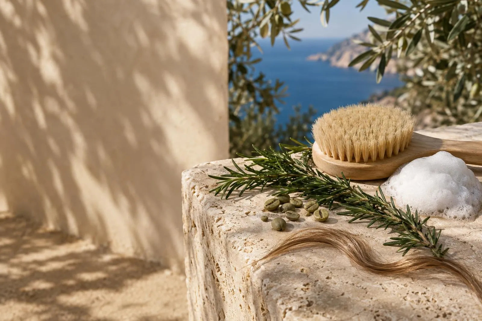 A natural-bristle round brush, white foam, rosemary sprigs and coffee beans beside a fine hair strand on a travertine slab