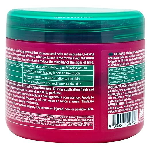 GEOMAR Emollientes Thalasso Scrub, Deep Renewal of the Skin, New Skin Effect, with Sea Salt, Strawberries and Dead Sea Trace Elements, Made in Italy, 600 g