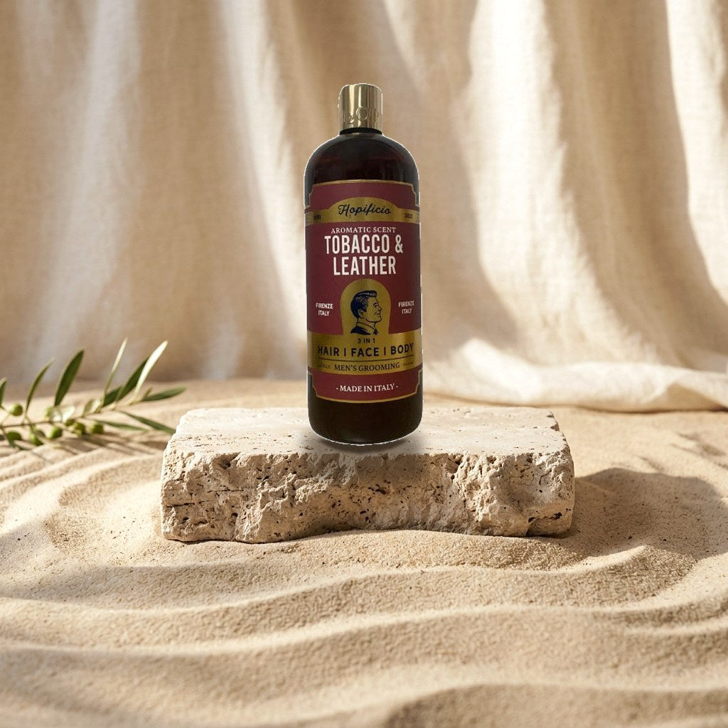HOPIFICIO Tobacco & Leather 3-in-1 Liquid Soap 1000 ml – Body Wash, Shampoo & Bath Foam for Men