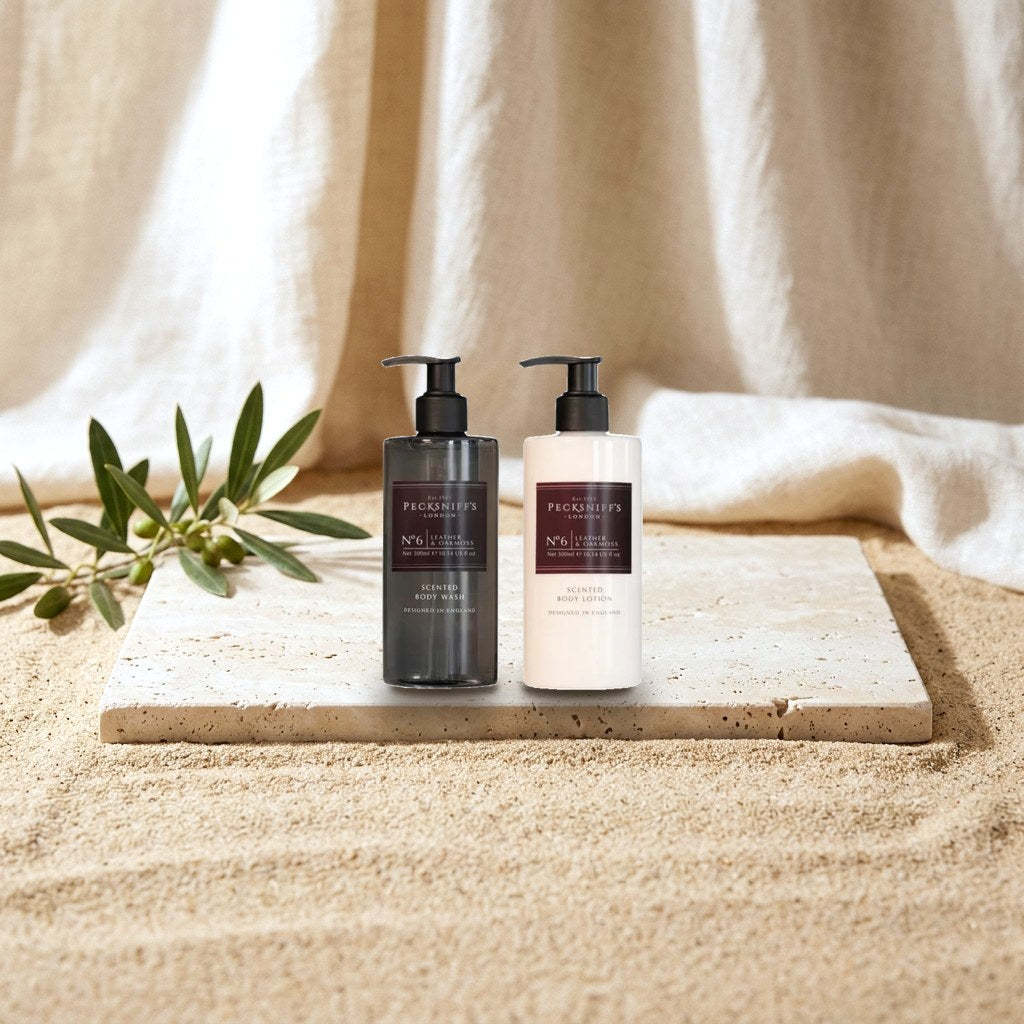 Pecksniff’s London No.6 Leather & Oakmoss Scented Bathing Duo – Body Wash & Body Lotion 300 ml