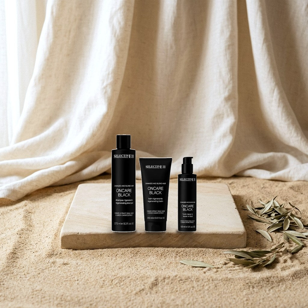 Selective Professional ONCARE BLACK – Haircare for Bleached & Damaged Hair (Shampoo, Balm & Leave-In Fluid) 675 ml - Set