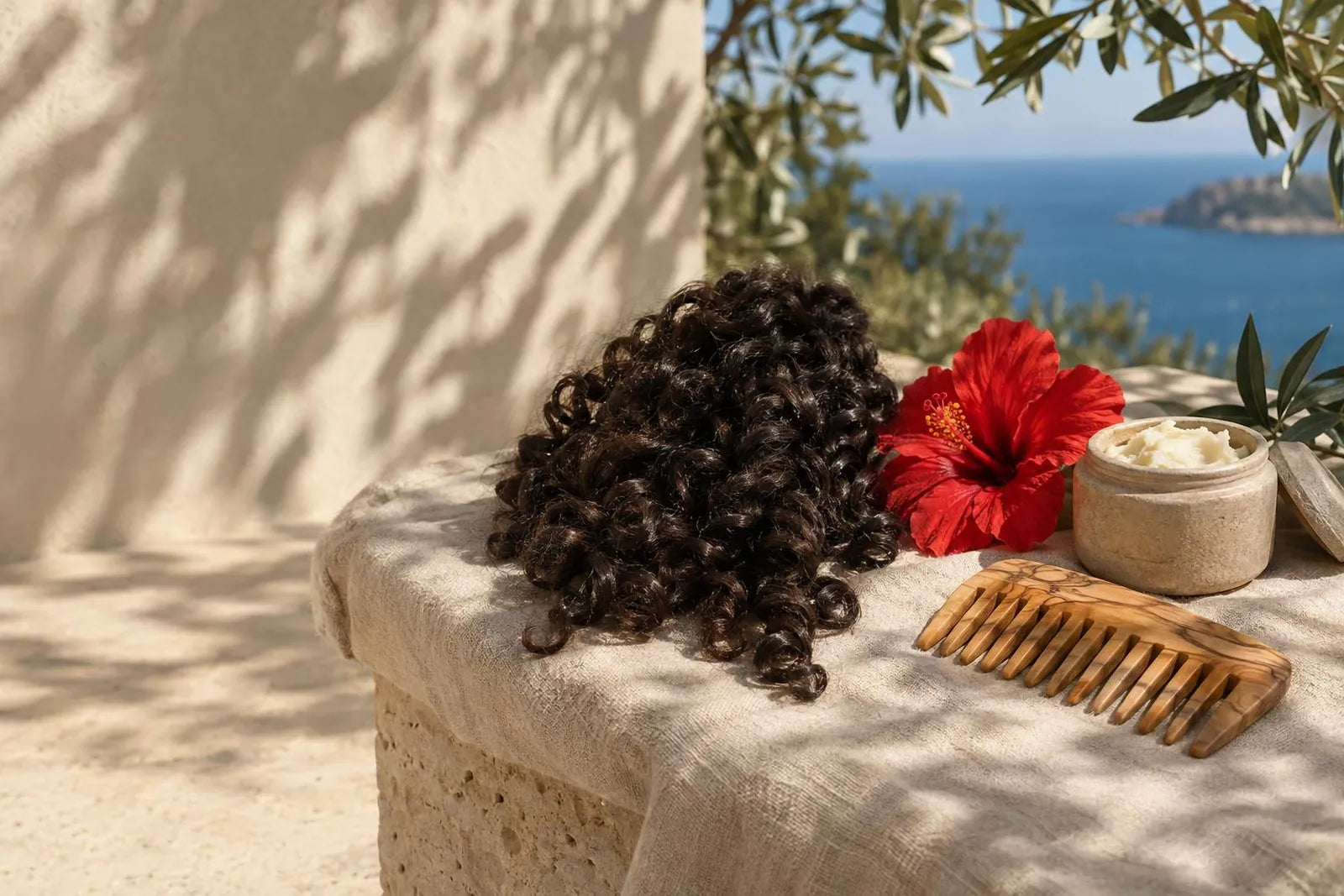 A springy dark curly hair swatch with glossy ringlets beside a red hibiscus flower, shea butter and a wide-tooth comb