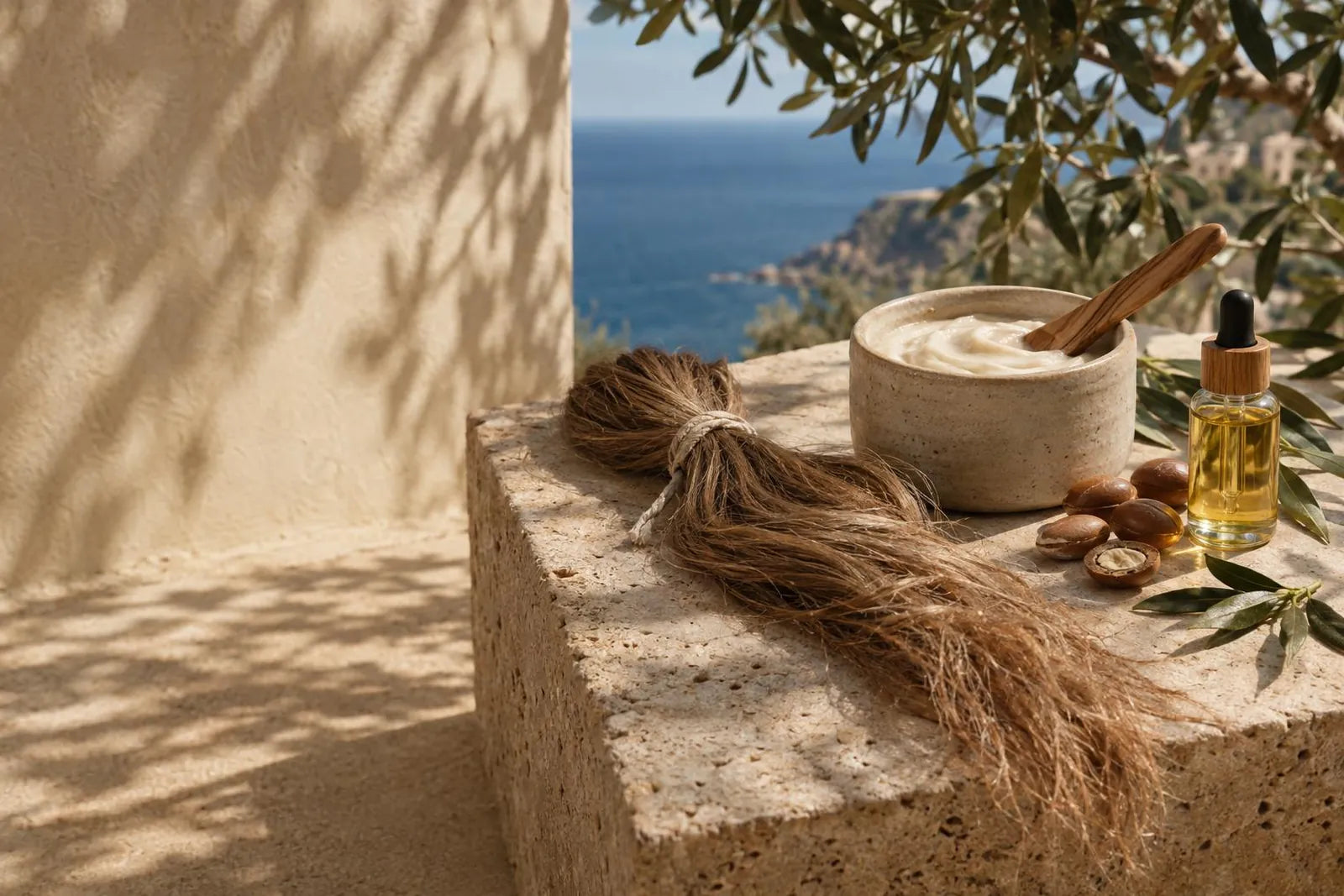 A lock of hair with dry, frayed ends tied with linen thread beside a jar of rich hair mask and argan nuts on a travertine slab