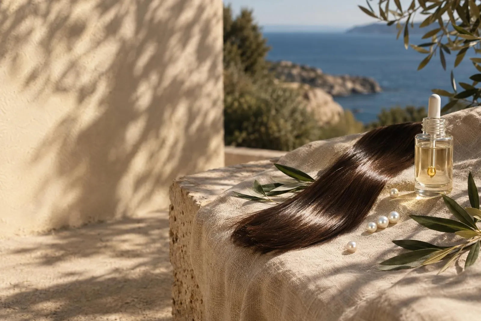 A glossy dark-brown hair swatch catching sunlight beside small pearls and a serum bottle with a golden drop on linen
