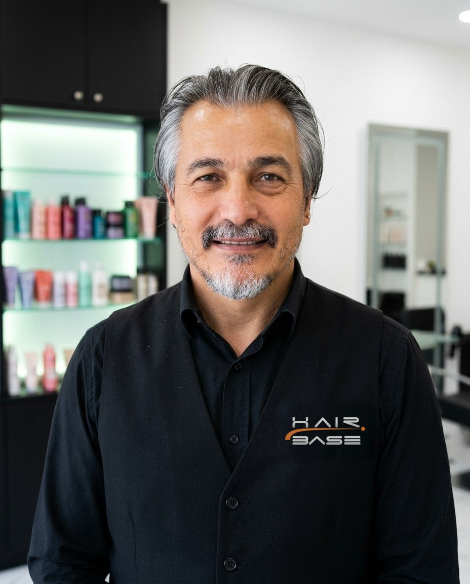 Sadik Demirkaya, master hairdresser, smiling in his Hairbase salon